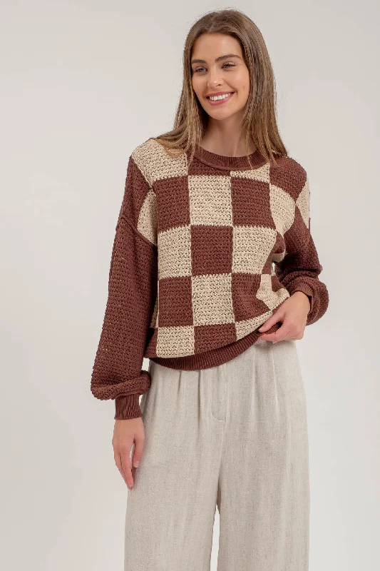 Crochet Checker Sweater- Brown Striped Floral Plaid