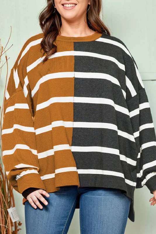 Plus Size Colorblock Striped Patchwork Loose Sweater Mesh Fabric Canvas Fabric Denim Fabric