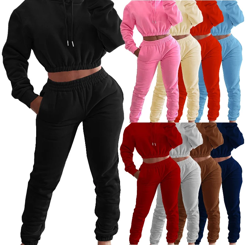 Fleece-Lined Hoodie Jogger Pants Two-Piece Set（CL10890） Hoodie with Slit Hem Functional Movement