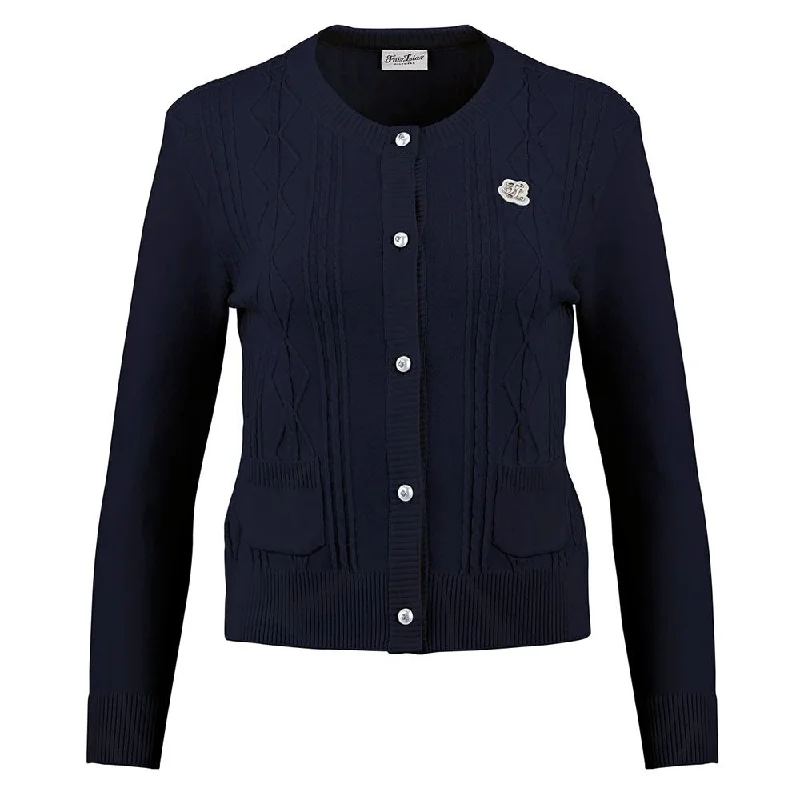 Fairliar Cable Pocket Round Neck Golf Cardigan Navy - FW23 Women Knit Fabric Woven Fabric Fleece Fabric