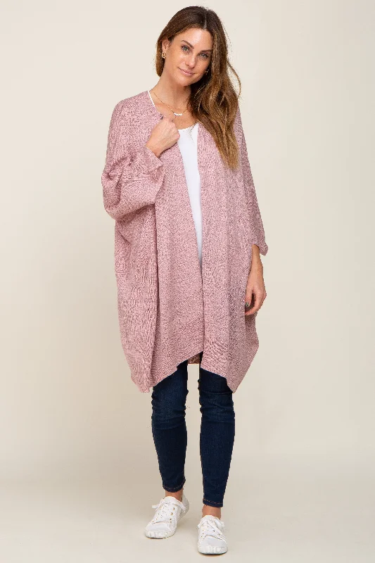 Mauve Knit Open Front Cardigan Boat Neck Shawl Collar Notched Collar