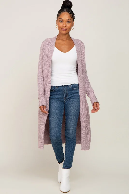 Mauve Open Front Long Cardigan Front Pockets Side Pockets Patch Pockets