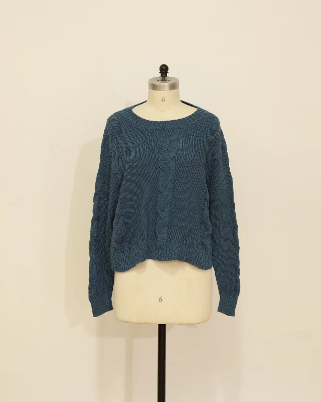 Oversized Round Neck Knitted Sweater - Blue Turtle Neck Boat Neck Asymmetrical Neck