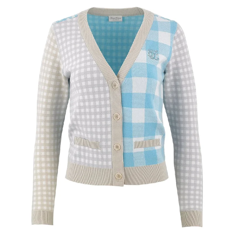 Fairliar FL Gingham Checkered Golf Cardigan Turquoise - FW24 Women Terry Terry Cloth Terry Knit