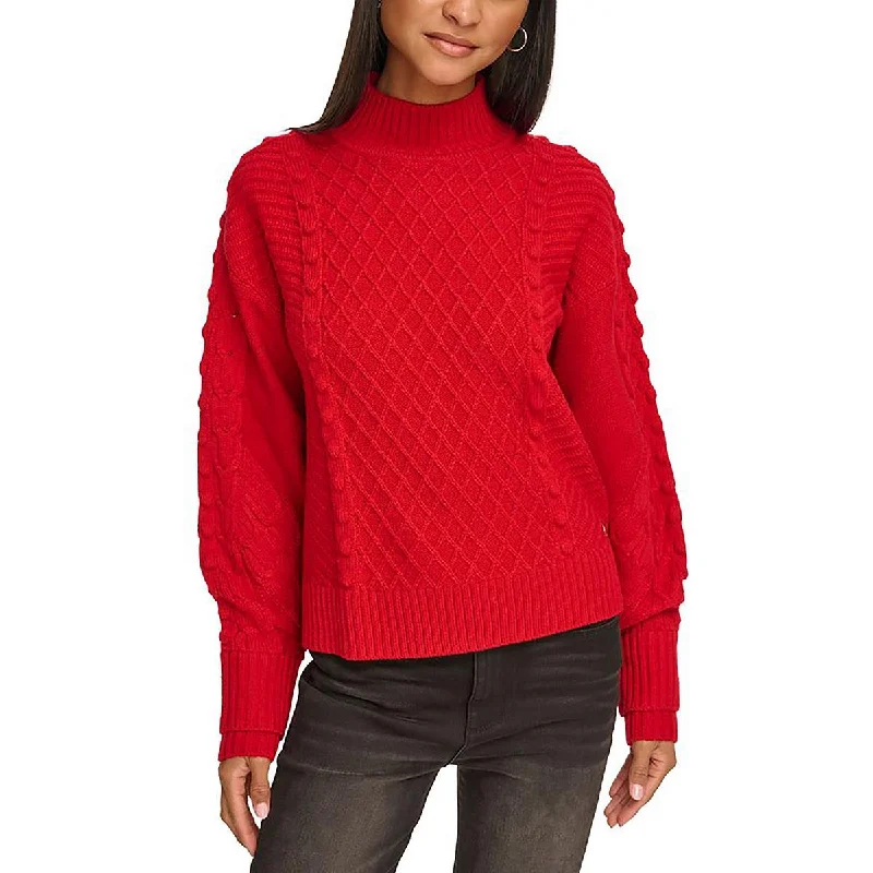 Womens Mock-Neck Cable Knit Pullover Sweater Three Quarter Sleeve