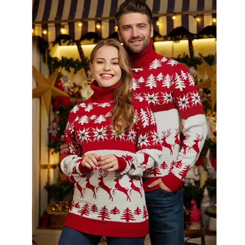 Sweet Casual Couple Knitwear Turtle Neck Christmas Theme Jacquard Knitted Sweater Terry Terry Cloth Terry Knit