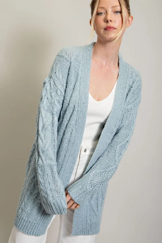 Light Blue Cable Knit Cardigan Tailored Straight A-Line