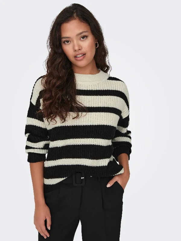 JDY Justy Long Sleeve Pullover Knit-BLACK WHITE Wide Sleeve Pullover