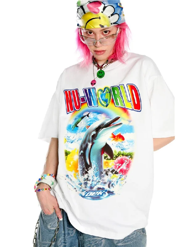 Y2K American Retro Dolphin Print Hoodie / T-Shirt【s0000003890】 Hoodie with Hood Adjustable Protection