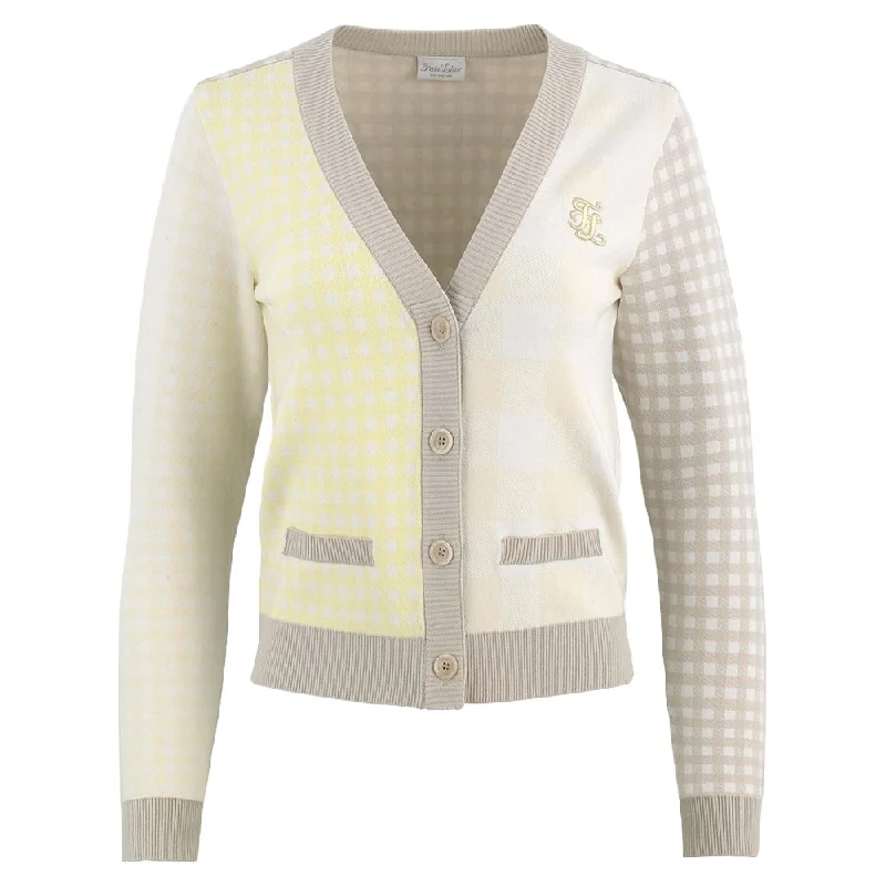 Fairliar FL Gingham Checkered Golf Cardigan Lemon - FW24 Women Faux Fur Fabric Real Fur Fabric Shearling Fabric