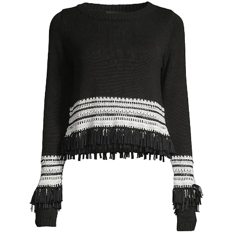 Womens Fringe Trim Knit Pullover Sweater Blouson Sleeve Pullover