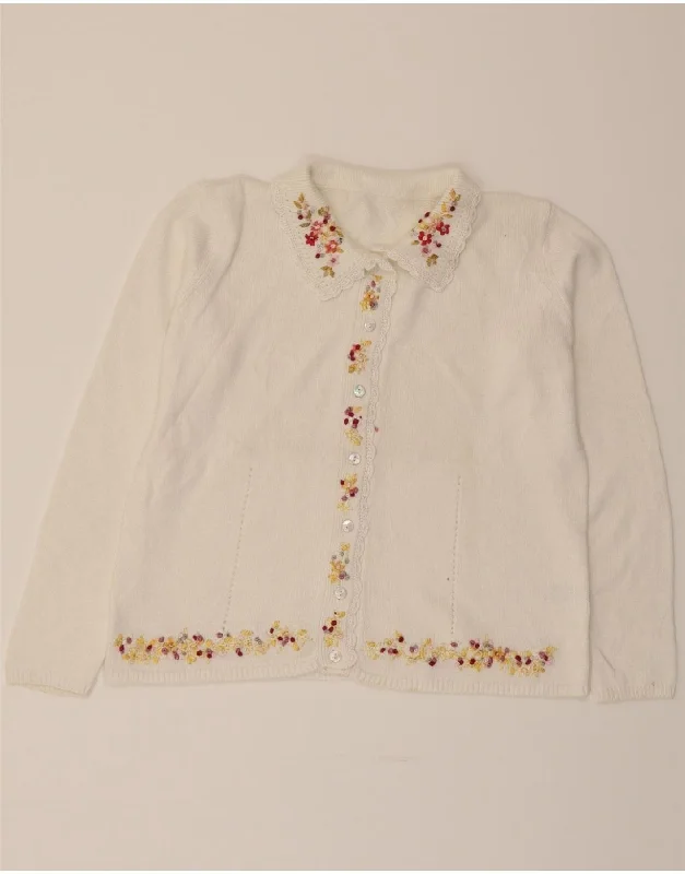 VINTAGE Womens Cardigan Sweater UK 16 Large White Floral Elegant Classic Vintage