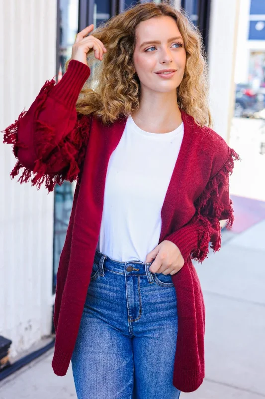 Beautiful You Burgundy Fringe Detail Knit Cardigan Herringbone Houndstooth Plaid