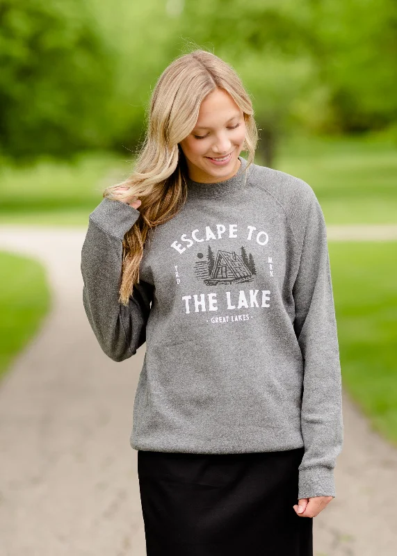 Gray Escape to the Lake Crewneck Sweatshirt - FINAL SALE Hoodie with Thumb Holes Functional Cozy