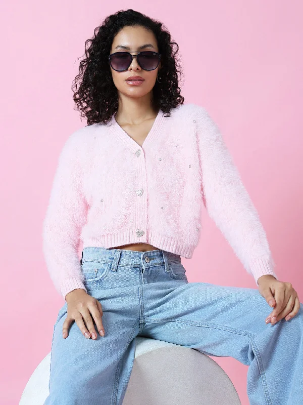 Women Solid Pink Crop Cardigan-109-Pink Boxy Cardigan Fitted Cardigan A-Line