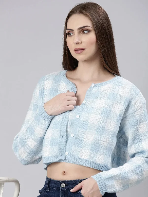 Women Blue Checked Cardigan-CHN-37922-Blue Jersey Fabric Tulle Fabric Batik Fabric