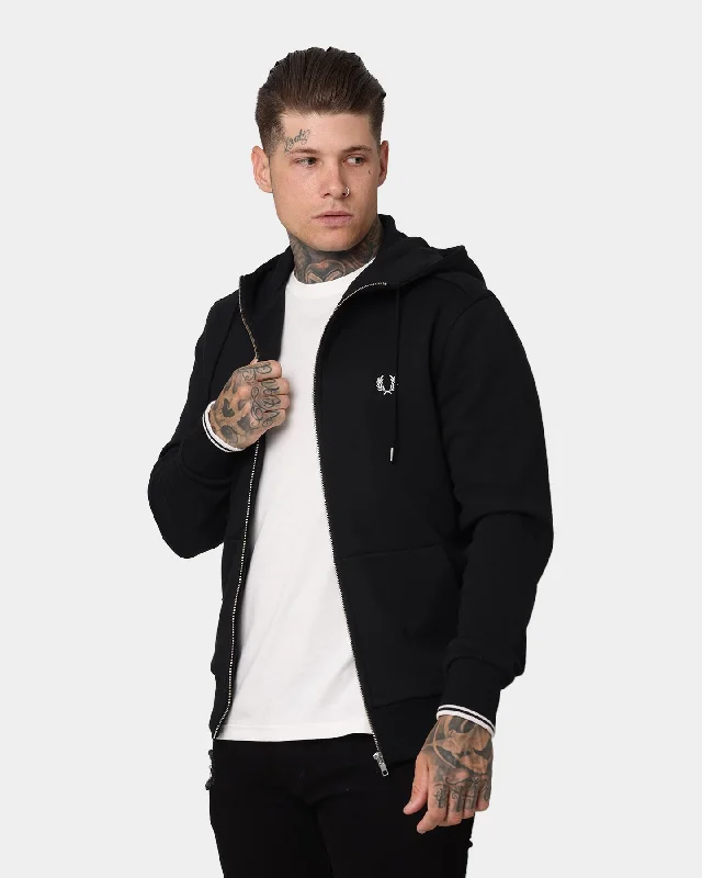 Fred Perry Hooded Zip Through Sweatshirt Black Hoodie with Hem Contrast Bold Stylish