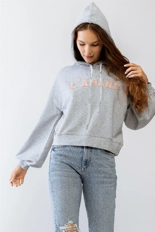 "L'AMANT" Print Long Sleeve Hoodie Sweatshirt /1-2-2-1 Hoodie with Hem Contrast Bold Stylish