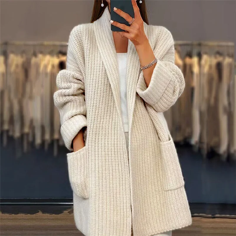 Lapel Knitted Cardigan With Pockets Fashion Casual Loose Sweater Jacket Fall Spring Women's Clothing Zippered Front Buttoned Front Snap Front