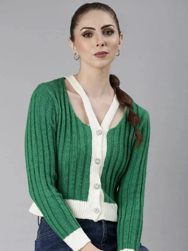 Women Green Self Design Cardigan-CHN-28732-Green Elegant Classic Vintage