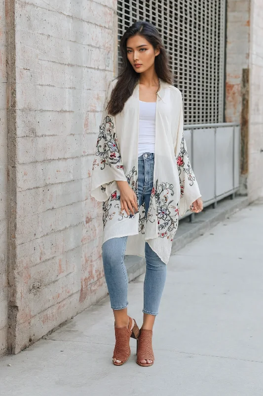 Long Floral Kimono Cardigan – Elegant and Versatile Houndstooth Herringbone Solid