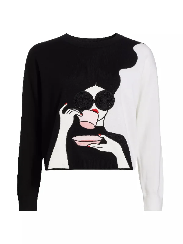 alice + olivia Gleeson Staceface Pullover, Black/Soft White Multi Shirred Sleeve Feminine