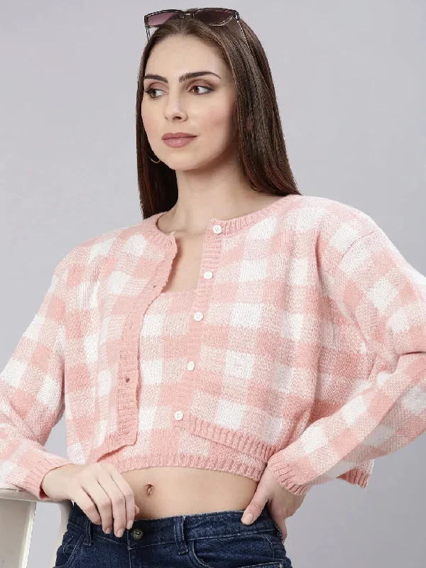 Women Peach Checked Cardigan-CHN-37922-Peach Fitted Slim Tailored