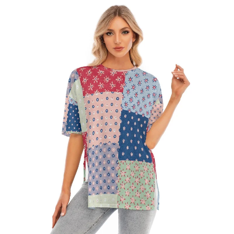 All-Over Print Women's Short Sleeves T-shirt With Hem Split Striped Floral Plaid