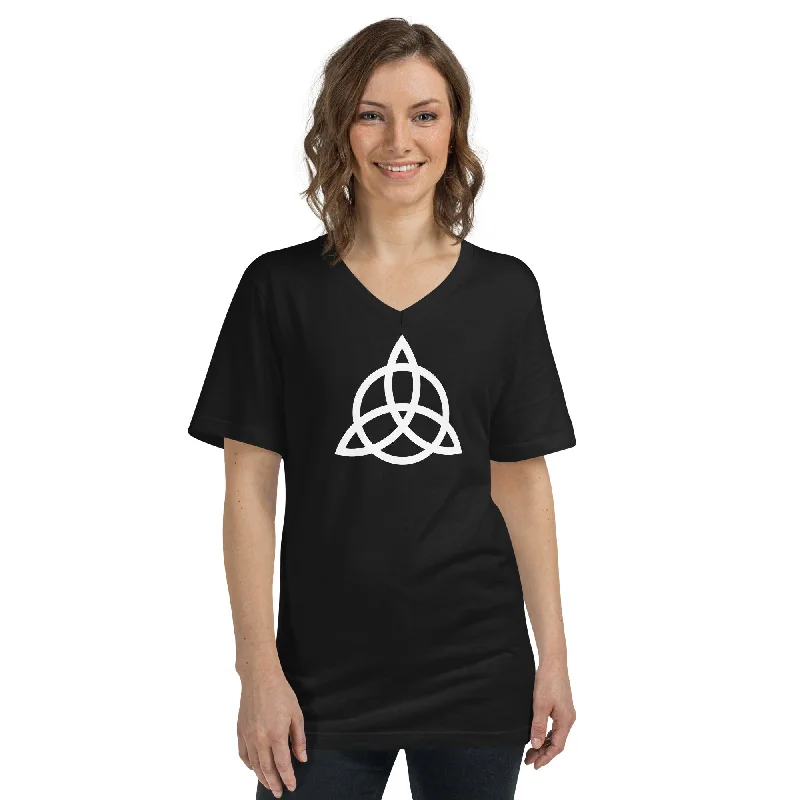 Celtic Symbol Triquetra Trinity Knot Women’s Short Sleeve V-Neck T-Shirt Chenille Fabric Brocade Fabric Lace Fabric