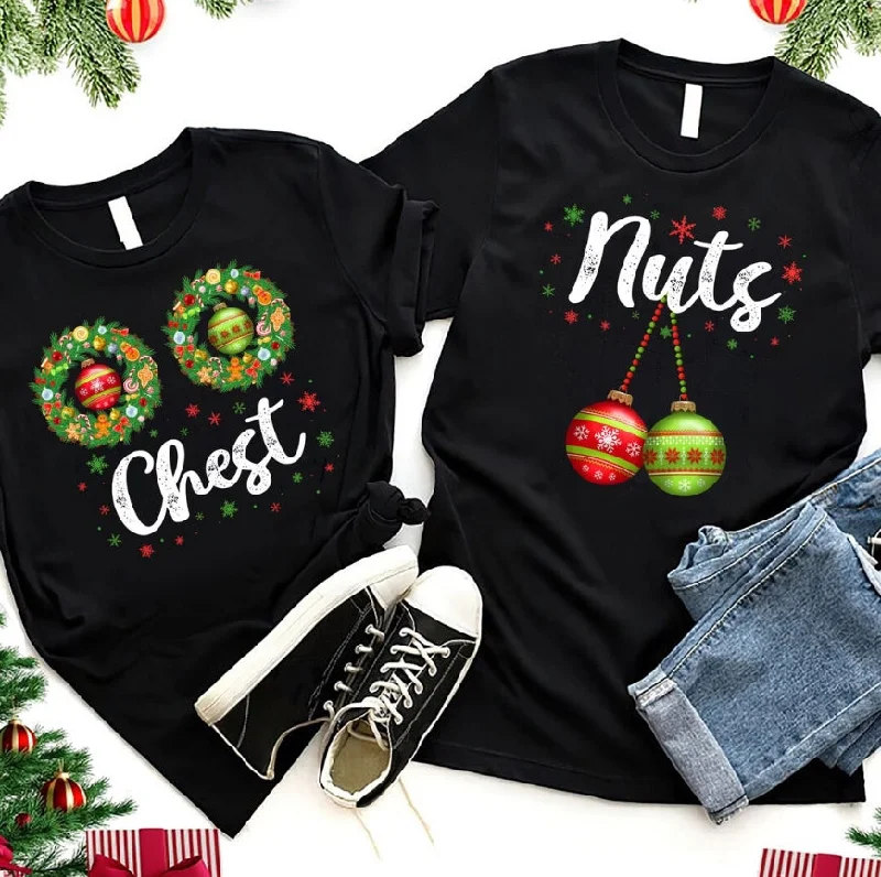 Chest & Nut Funny Couple Christmas Shirts Basic T-Shirt Crew Neck Short Sleeve