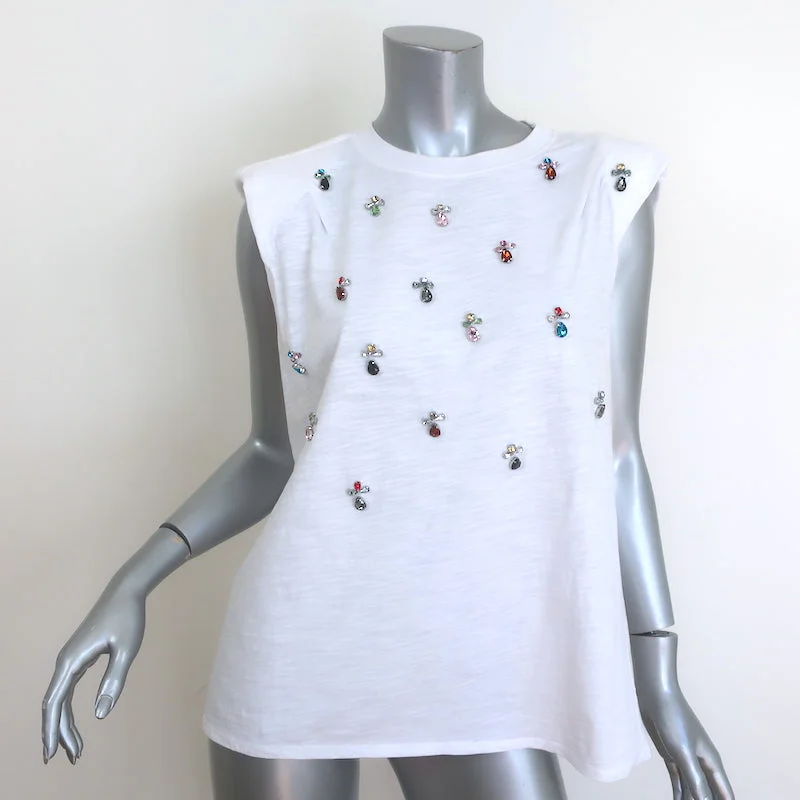 Cinq a Sept Reese Jeweled Muscle Tee White Size Medium Sleeveless Top Jersey Fabric Tulle Fabric Batik Fabric