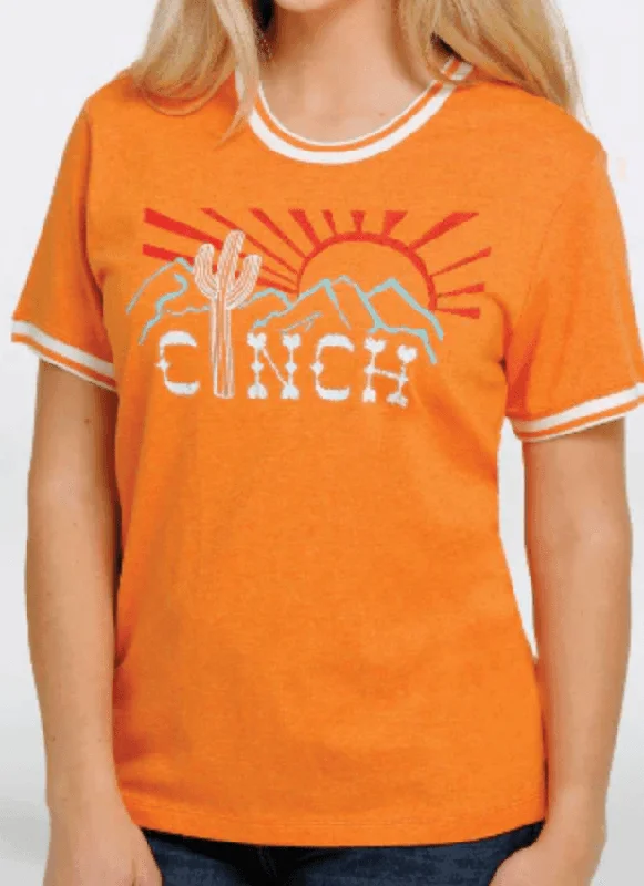 Cinch Women's Orange Retro Desert Sun Graphic Tee Shirt MSK7890003 Lace Blend Ribbed Blend Corduroy Blend