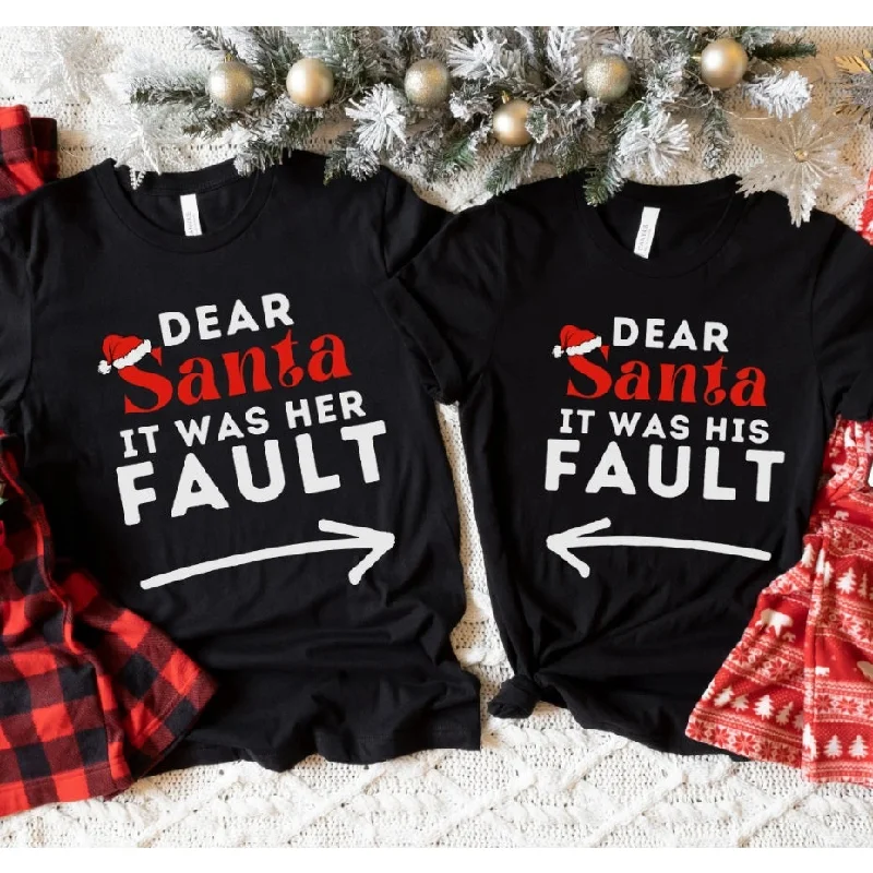 Dear Santa It Was His Her Fault Christmas Couple Tees Ribbed Striped Patterned