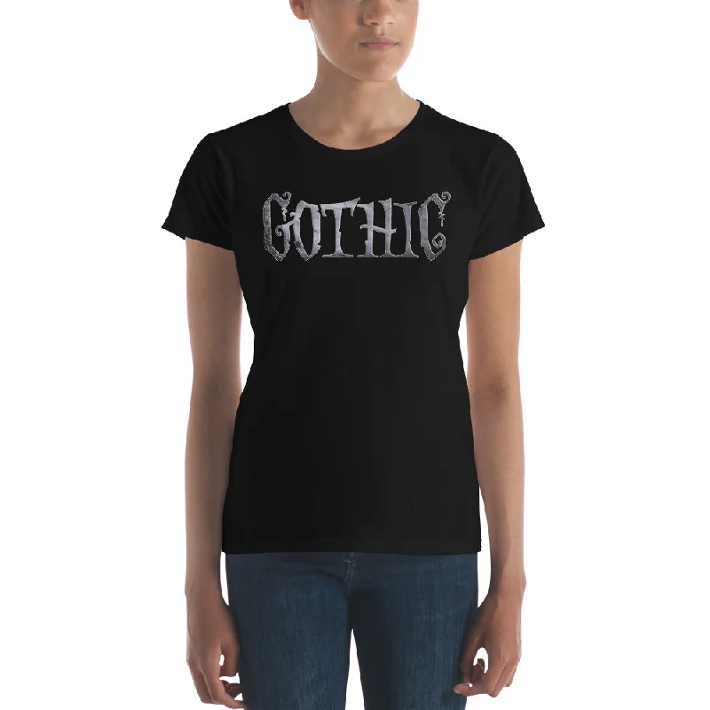 Gothic Spider Web Style Letters Dark Goth Women's Short Sleeve Babydoll T-shirt Denim Fabric Leather Fabric Suede Fabric