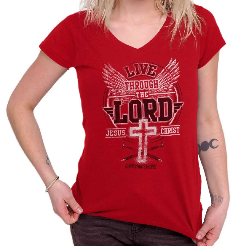 Live Through the Lord Junior Fit V-Neck T-Shirt Chenille Fabric Brocade Fabric Lace Fabric