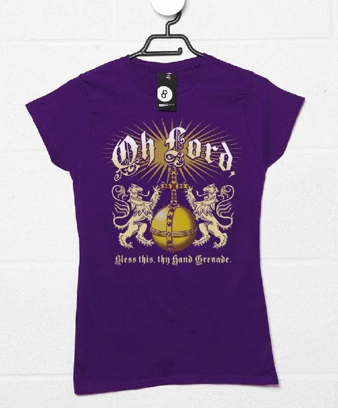 Lord Bless Thy Hand Grenade Womens Fitted T-Shirt, Inspired By The Holy Grail Hooded Caped Shawl Collar