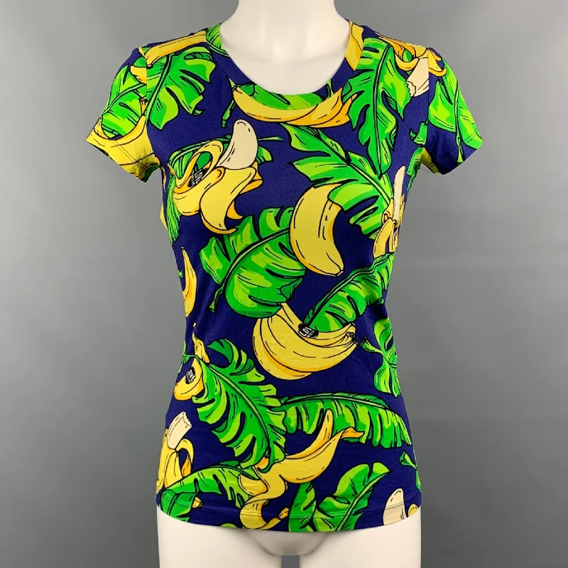 LOVE MOSCHINO Size 4 Yellow & Purple Banana Leaf Print Cotton T-Shirt Zippered Buttoned Snapped