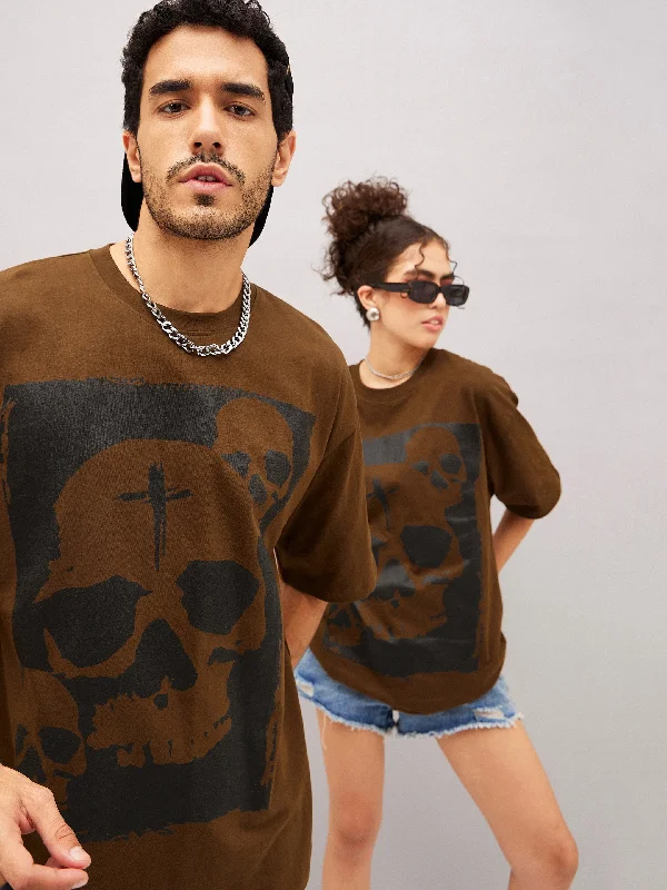 Lyush Brown Skull Oversized T-Shirt Lace Blend Ribbed Blend Corduroy Blend