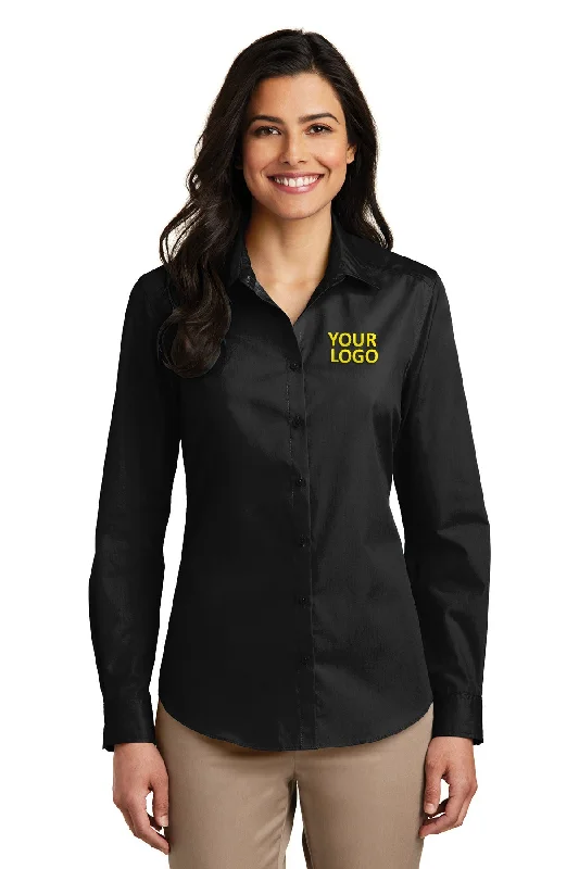 Port Authority Ladies Carefree Poplin Customized Shirts, Deep Black Welt Pockets Slit Pockets