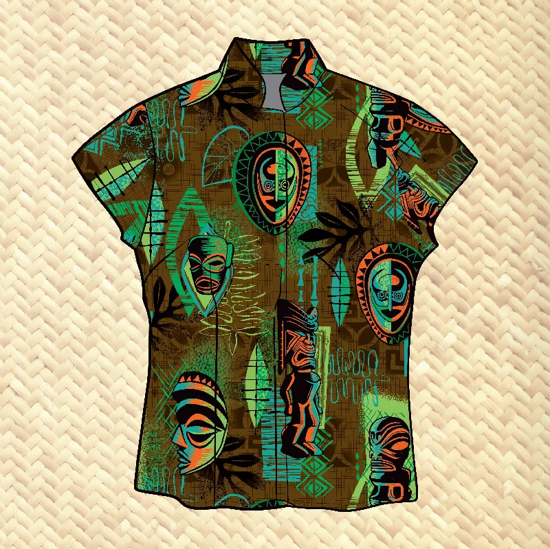 LAST CHANCE, 'Tropic Tradewinds' Classic Aloha Button Up-Shirt - Womens Ribbed T-Shirt High Neck Heavyweight