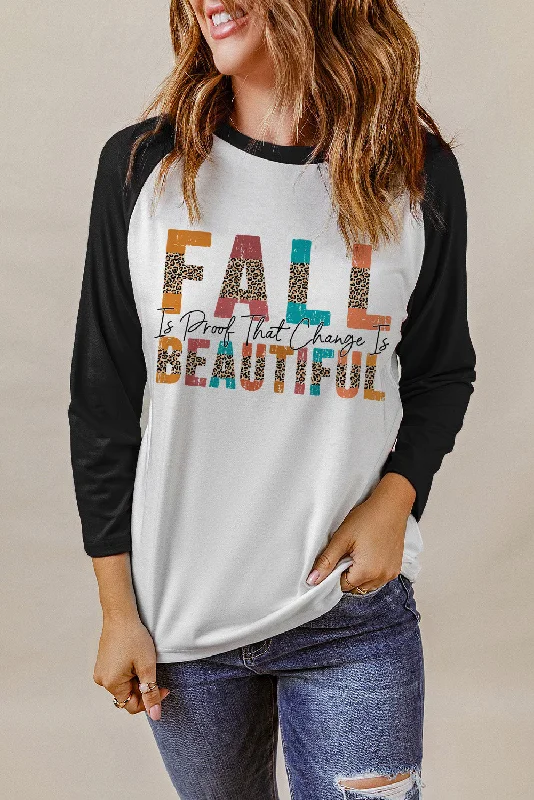 Round Neck Long Sleeve FALL IS PROOF THAT CHANGE IS BEAUTIFUL Graphic Tee Houndstooth Herringbone Solid