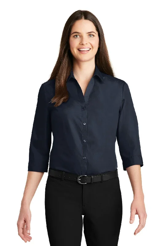 Port Authority Ladies 3/4-Sleeve Carefree Poplin Shirt. LW102 Satin Blend Silk Blend Wool Blend