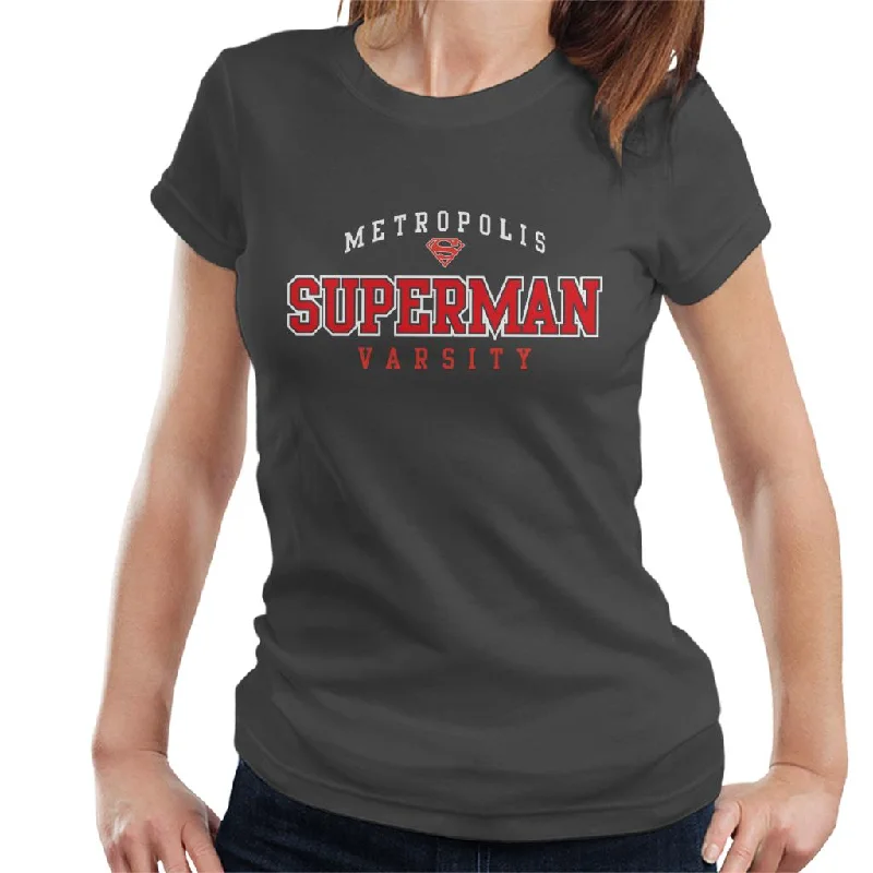 Superman Metropolis Varsity Logo Women's T-Shirt Front Pockets Side Pockets Patch Pockets