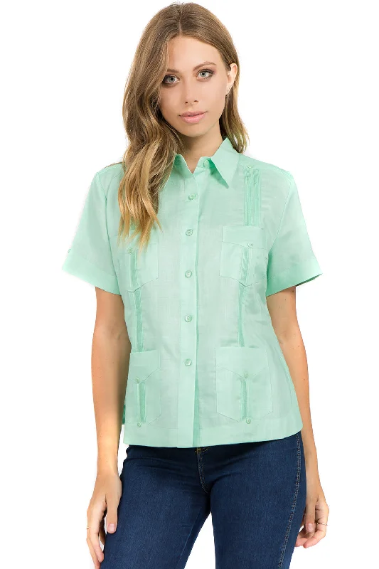 Women's Traditional Guayabera Shirt Premium 100% Linen Short Sleeve XS-3X Sequined Glittery Shiny