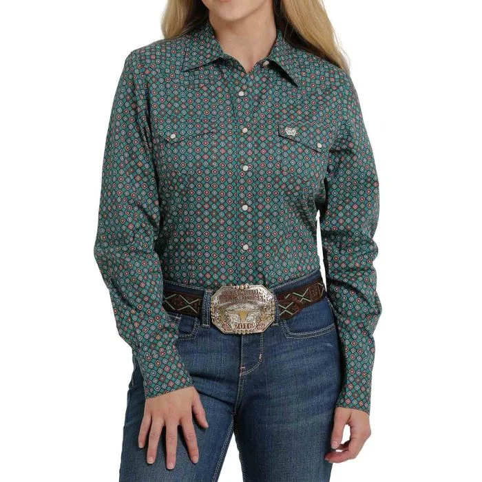 Women's Cinch Teal Retro Print Shirt Rayon Velvet Corduroy