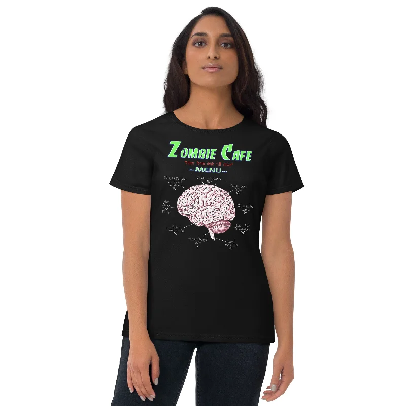 Zombie Cafe Brains Menu Horror Women's Short Sleeve Babydoll T-shirt Hooded Caped Shawl Collar